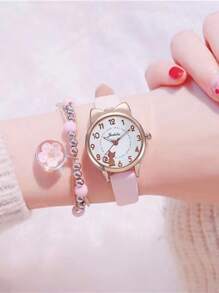 1pc Girls PU Polyurethane Strap Fashionable Cat Pattern Bow Decor Round Dial Quartz Watch & 1pc Bracelet For Daily Life - Pink - View 1