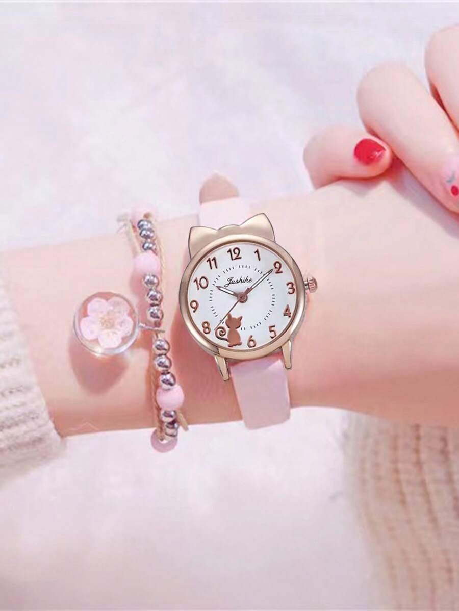 1pc Girls PU Polyurethane Strap Fashionable Cat Pattern Bow Decor Round Dial Quartz Watch & 1pc Bracelet For Daily Life - Pink - View 1
