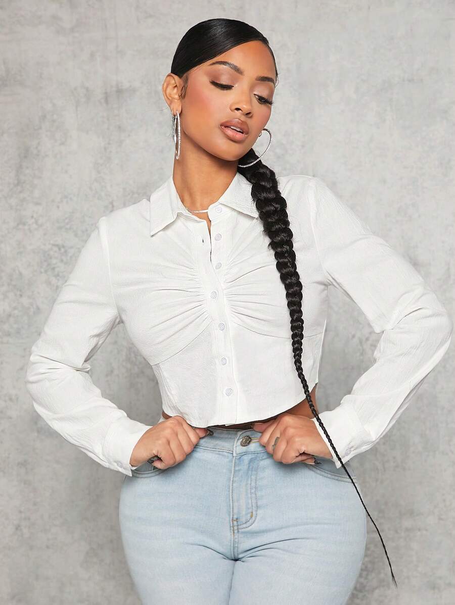 SHEIN SXY 休閒褶邊 前紐扣純色女士襯衫 - 白色 - 查看 1