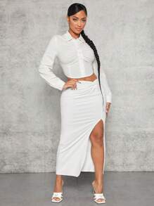 SHEIN SXY 休閒褶邊 前紐扣純色女士襯衫 - 白色 - 查看 4