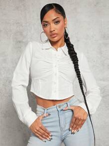 SHEIN SXY 休閒褶邊 前紐扣純色女士襯衫 - 白色 - 查看 7