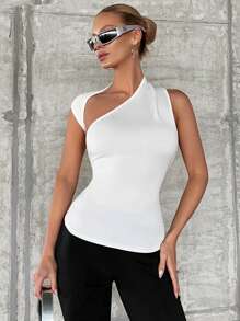 SHEIN Privé 素色不對稱領上衣 - 白色 - 查看 1