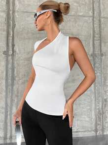 SHEIN Privé 素色不對稱領上衣 - 白色 - 查看 4