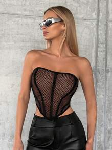 SHEIN SXY Áo nữ Bất đối xứng Tương phản Mesh cắt màu trơn Gợi cảm - màu đen - Xem 1