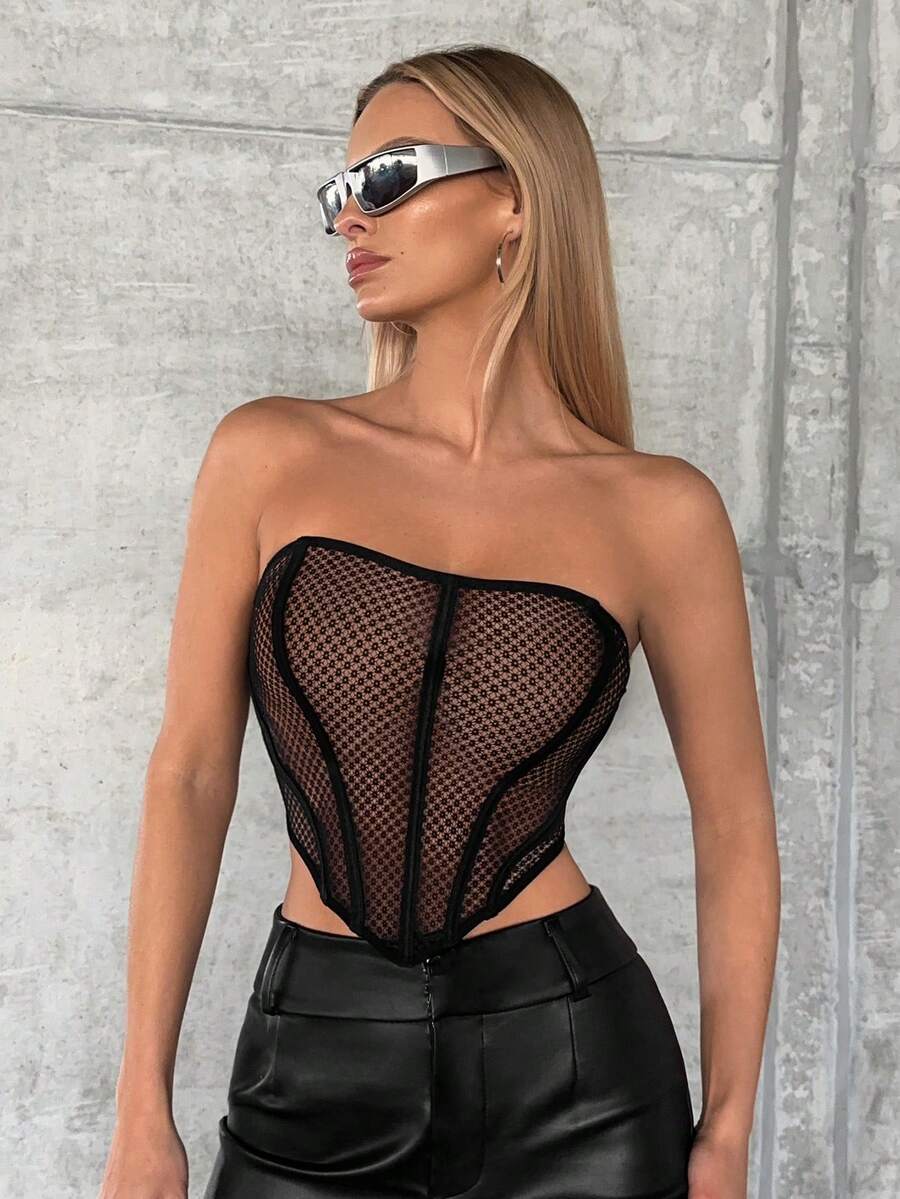 SHEIN SXY Áo nữ Bất đối xứng Tương phản Mesh cắt màu trơn Gợi cảm - màu đen - Xem 1