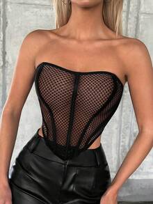 SHEIN SXY Áo nữ Bất đối xứng Tương phản Mesh cắt màu trơn Gợi cảm - màu đen - Xem 3