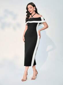 Modelyn 撞色繞頸緊身洋裝 - 黑色 - 查看 2