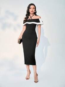 Modelyn 撞色繞頸緊身洋裝 - 黑色 - 查看 6