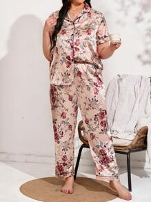 Plus Floral Print Contrast Piping Satin PJ Set - Pink - View 2