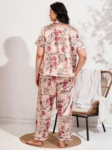 Plus Floral Print Contrast Piping Satin PJ Set - Pink - View 3