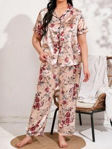 Plus Floral Print Contrast Piping Satin PJ Set - Pink - View 6