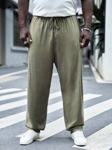 EASEVO Men Solid Drawstring Waist Straight Leg Trousers - Army Green - View 5