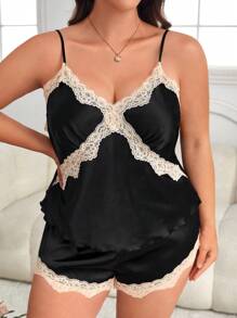 Bộ Giản Dị Kích Thước Lớn Tương phản ren Khối Màu - màu đen - Xem 1