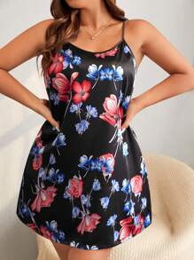 Plus Floral Print Satin Cami Nightdress - Black - View 3