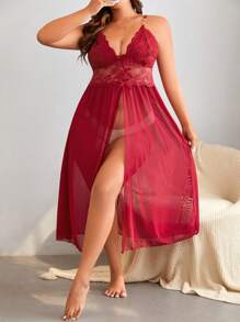 Plus Contrast Lace Mesh Slip Night Dress Without Thong