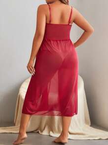 Plus Contrast Lace Mesh Slip Night Dress Without Thong