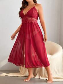Plus Contrast Lace Mesh Slip Night Dress Without Thong
