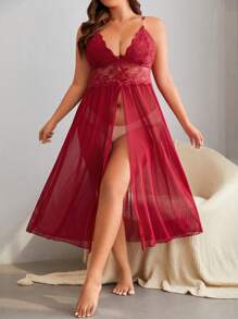 Plus Contrast Lace Mesh Slip Night Dress Without Thong