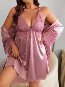 SilkySpell Plus Contrast Lace Satin Cami Nightdress & Robe - Dusty Pink - View 1