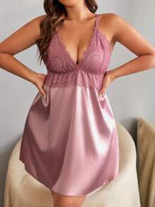 SilkySpell Plus Contrast Lace Satin Cami Nightdress & Robe - Dusty Pink - View 3