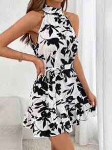 SHEIN Privé Vestido con cinturón con estampado floral bajo con fruncido de cuello halter