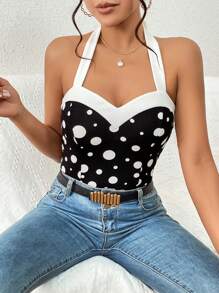 SHEIN Privé Áo khoác và áo lót dành cho xe tăng nữ Lộ Lưng Buộc lại Tương phản ràng buộc Khối Màu Chấm bi Giải trí - Đen và trắng - Xem 3