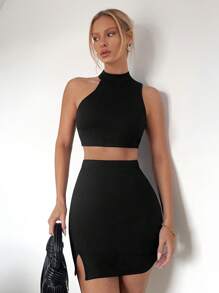 Firerie Solid Crop Halter Top & Split Hem Bodycon Skirt - Black - View 1