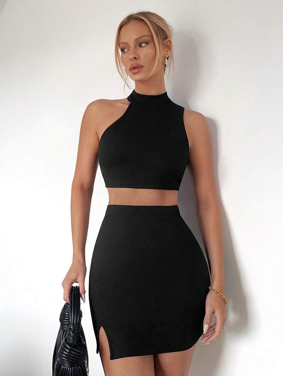 Firerie Solid Crop Halter Top & Split Hem Bodycon Skirt - Black - View 1