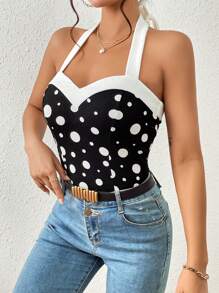 SHEIN Privé Áo khoác và áo lót dành cho xe tăng nữ Lộ Lưng Buộc lại Tương phản ràng buộc Khối Màu Chấm bi Giải trí - Đen và trắng - Xem 4
