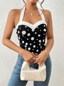 SHEIN Privé Áo khoác và áo lót dành cho xe tăng nữ Lộ Lưng Buộc lại Tương phản ràng buộc Khối Màu Chấm bi Giải trí - Đen và trắng - Xem 5