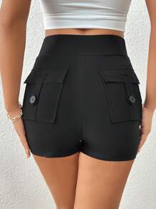 SHEIN Essnce 休閒鈕扣 口袋純色女士打底褲 - 黑色 - 查看 3