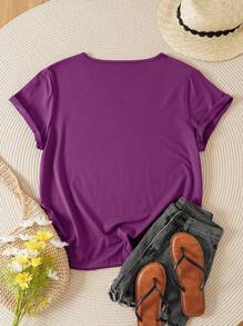 INAWLY Plus Solid V Neck Tee - Purple - View 2