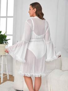 Plus Ruffle Trim Belted Mesh Robe Without Lingerie Set - White - View 2