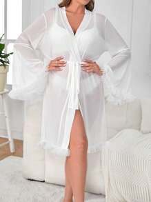 Plus Ruffle Trim Belted Mesh Robe Without Lingerie Set - White - View 3