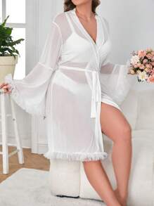 Plus Ruffle Trim Belted Mesh Robe Without Lingerie Set - White - View 4