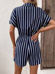 SHEIN LUNE Striped Print Batwing Sleeve Knot Front Shirt Romper - Navy Blue - View 2