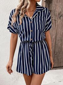 SHEIN LUNE Striped Print Batwing Sleeve Knot Front Shirt Romper - Navy Blue - View 3