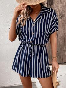 SHEIN LUNE Striped Print Batwing Sleeve Knot Front Shirt Romper - Navy Blue - View 4