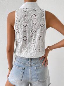 SHEIN Privé 網眼刺繡前紐扣無袖襯衫連體衣 - 白色 - 查看 2