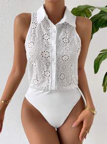 SHEIN Privé 網眼刺繡前紐扣無袖襯衫連體衣 - 白色 - 查看 3