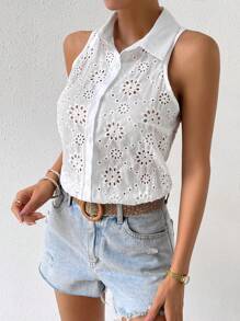 SHEIN Privé 網眼刺繡前紐扣無袖襯衫連體衣 - 白色 - 查看 6