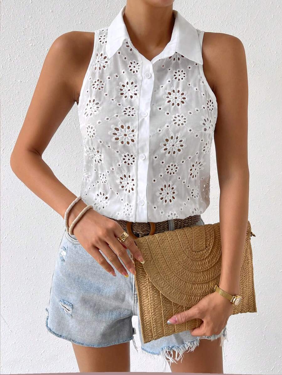 SHEIN Privé 網眼刺繡前紐扣無袖襯衫連體衣 - 白色 - 查看 1