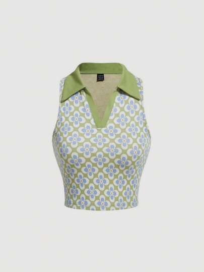 SHEIN MOD 印花拼接領短款背心