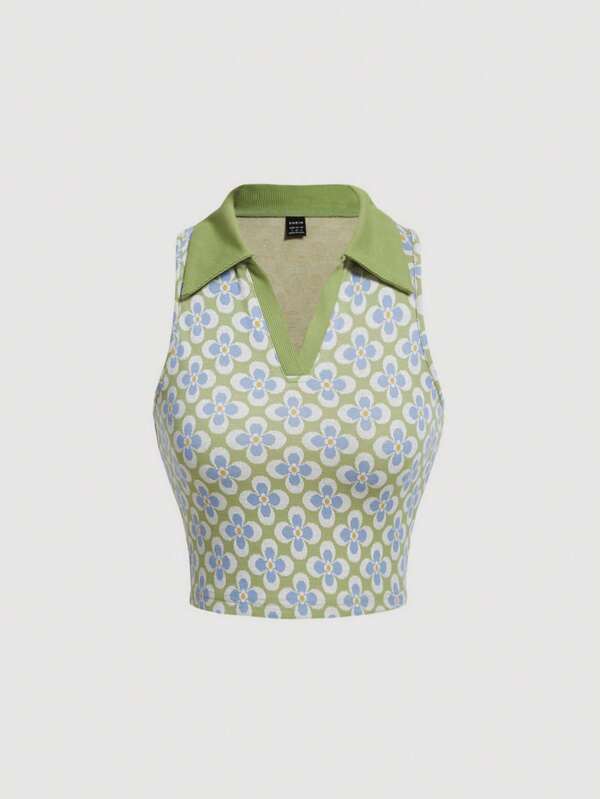 SHEIN MOD Floral Print Contrast Collar Crop Tank Top