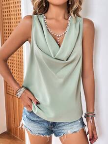 SHEIN Privé Draped Collar Solid Sleeveless Blouse - Green - View 6