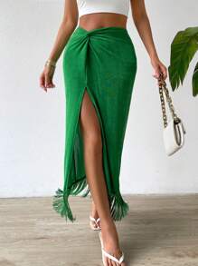 Chiquease 扭结前开衩大腿流苏下摆长款女式半身裙 - 綠色 - 查看 1