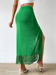 Chiquease 扭结前开衩大腿流苏下摆长款女式半身裙 - 綠色 - 查看 2