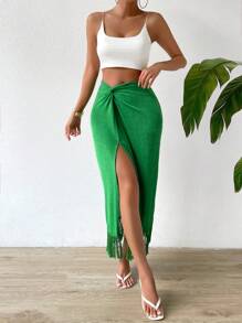 Chiquease 扭结前开衩大腿流苏下摆长款女式半身裙 - 綠色 - 查看 6