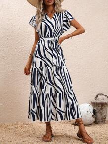 SHEIN Clasi Allover Print Butterfly Sleeve Ruffle Hem Belted Dress - Blue and White - View 1