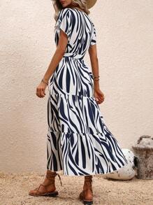 SHEIN Clasi Allover Print Butterfly Sleeve Ruffle Hem Belted Dress - Blue and White - View 2